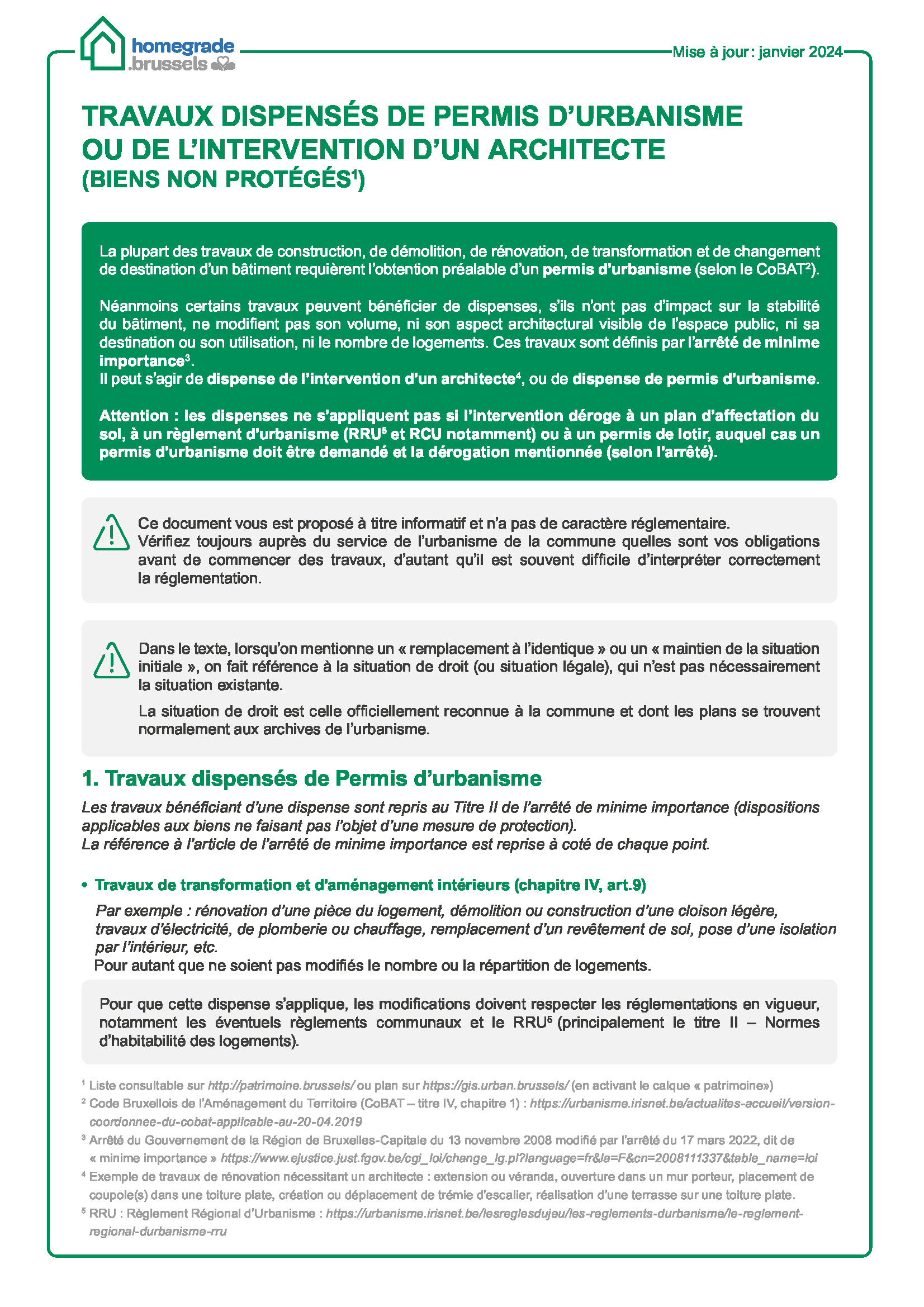 Travaux dispensés de permis d'urbanisme ou de l'intervention d'un architecte à Bruxelles